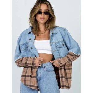 Princess Polly Larkin Denim Jacket Beige Check S/M